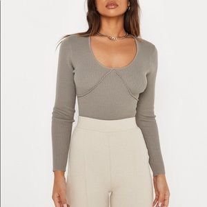 NWT Missguided Recycled Khaki Cupped Scoop Neck Knit Bodysuit | Size 6